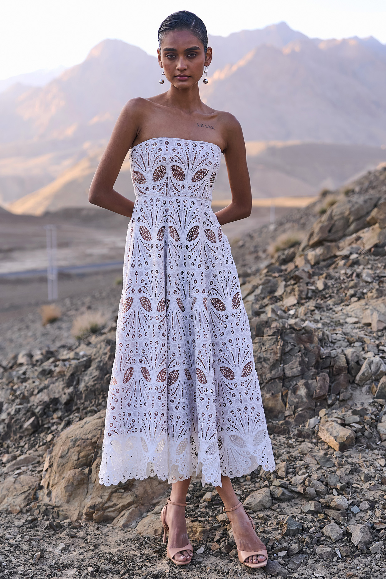 White Recycled Polyester Midi Lace Summer Dress by Dash and Dot at Pernia's Pop Up Shop