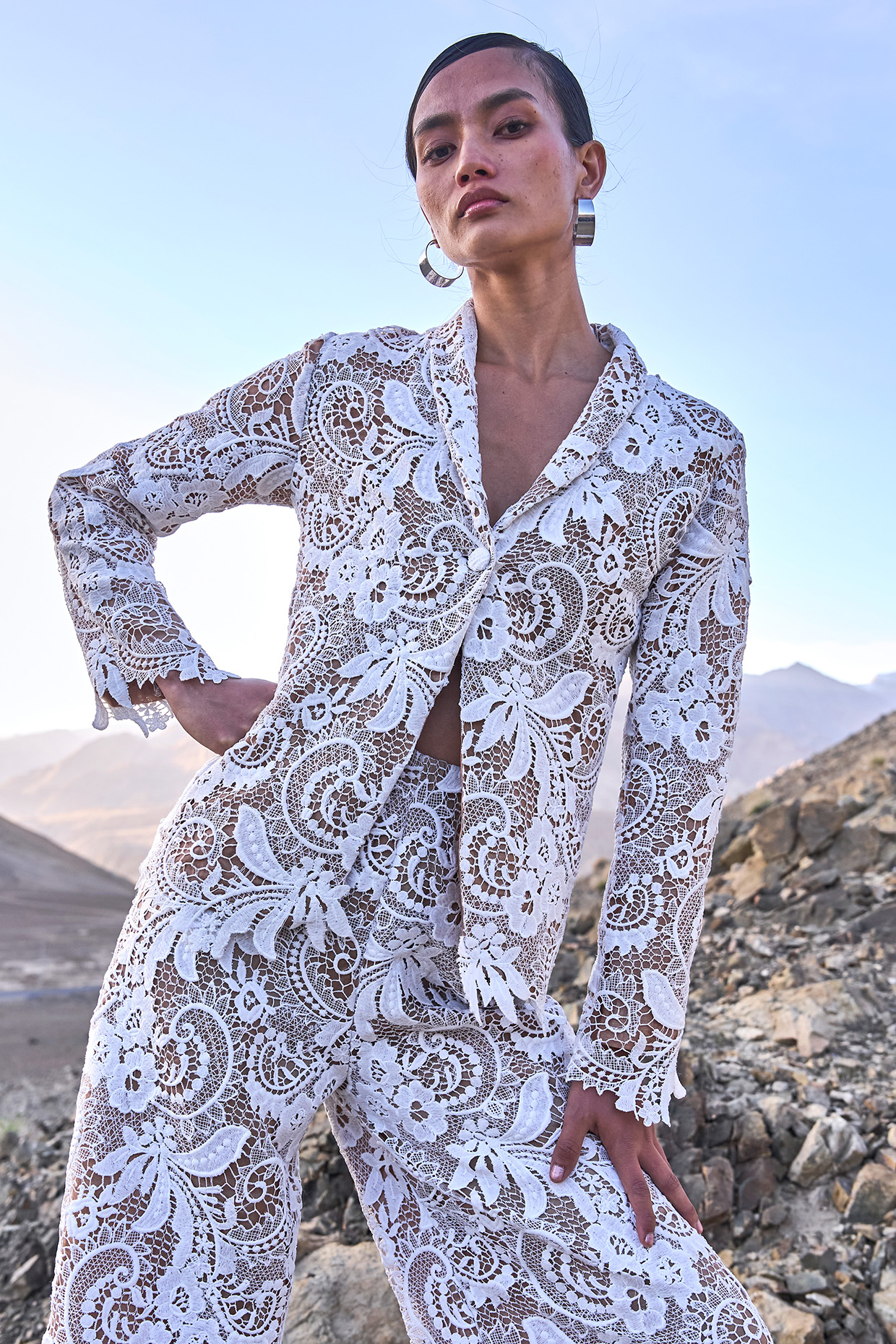 White Recycled Polyester Cutwork Lace Blazer by Dash and Dot at Pernia's Pop Up Shop