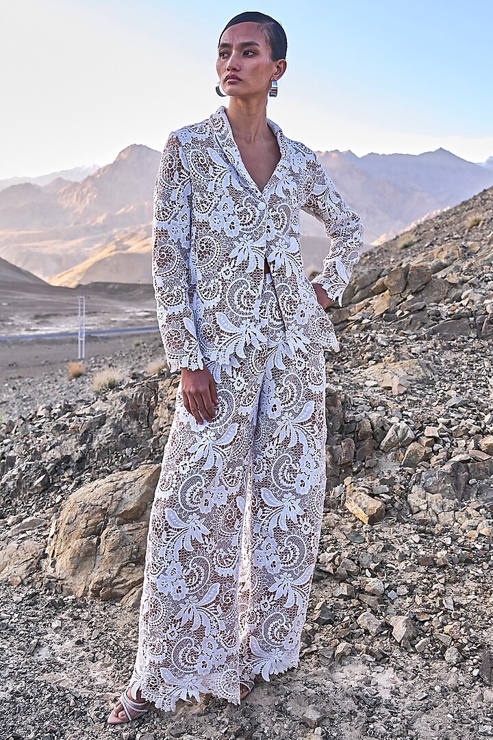 White Recycled Polyester Cutwork Lace Blazer by Dash and Dot at Pernia's Pop Up Shop