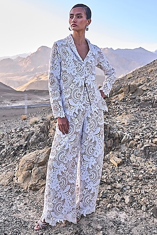 White Recycled Polyester Cutwork Lace Straight-Fit Pants by Dash and Dot