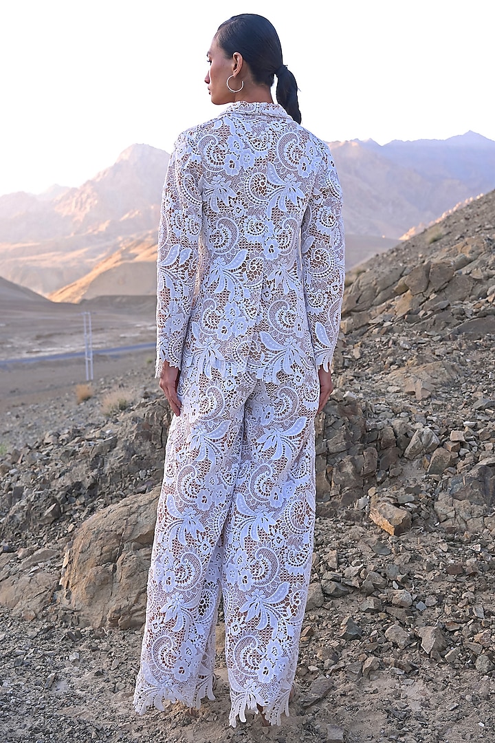 White Recycled Polyester Cutwork Lace Straight-Fit Pants by Dash and Dot at Pernia's Pop Up Shop