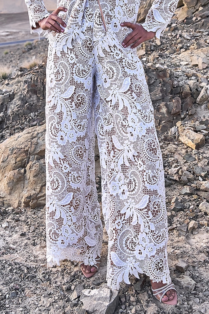 White Recycled Polyester Cutwork Lace Straight-Fit Pants by Dash and Dot at Pernia's Pop Up Shop