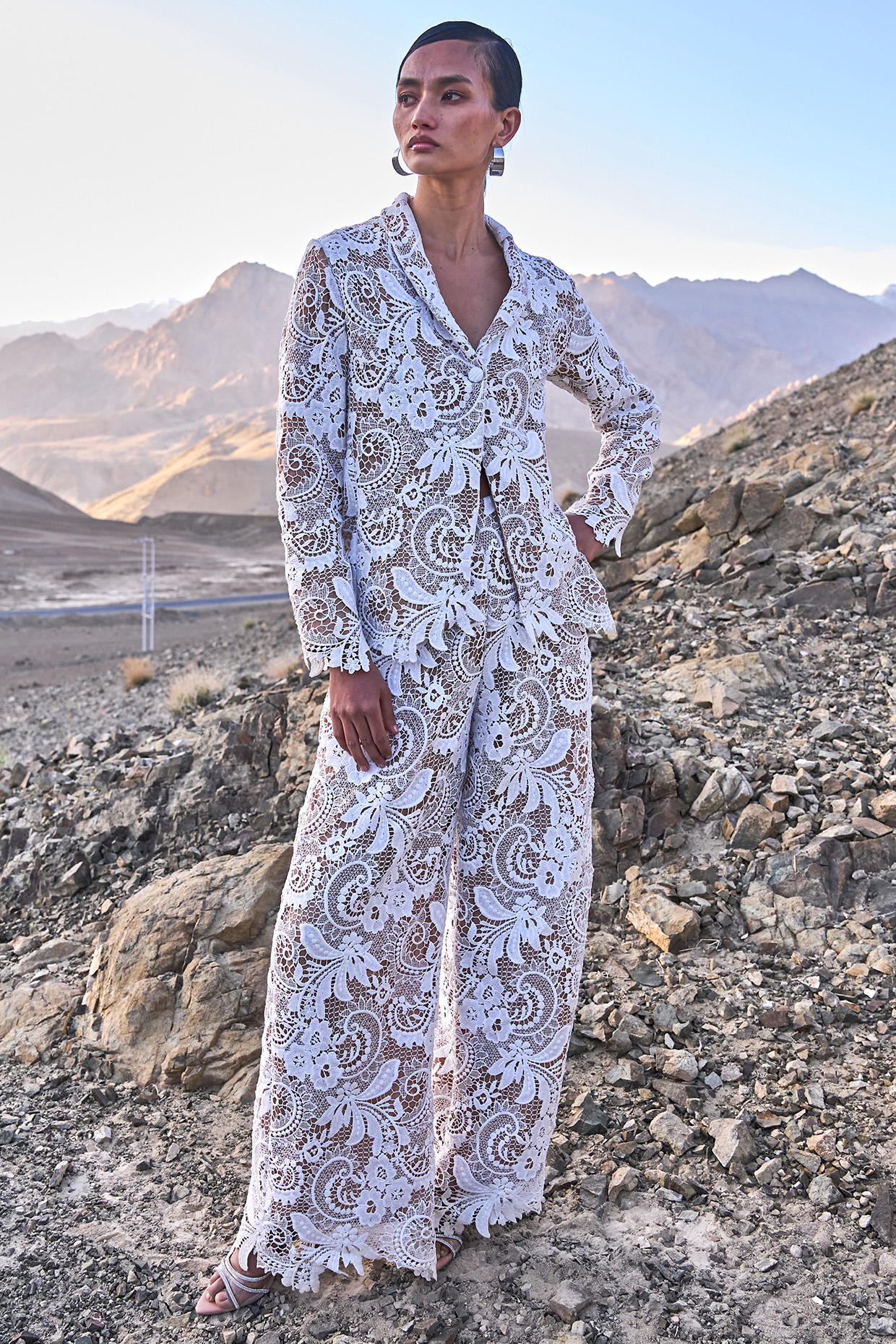 White Recycled Polyester Cutwork Lace Blazer Set by Dash and Dot at Pernia's Pop Up Shop