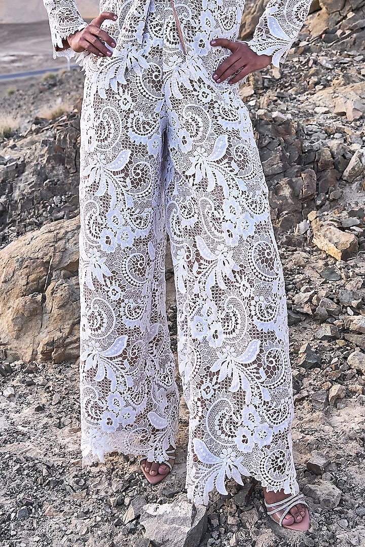 White Recycled Polyester Cutwork Lace Blazer Set by Dash and Dot at Pernia's Pop Up Shop