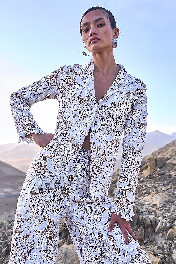 White Recycled Polyester Cutwork Lace Blazer Set by Dash and Dot at Pernia's Pop Up Shop