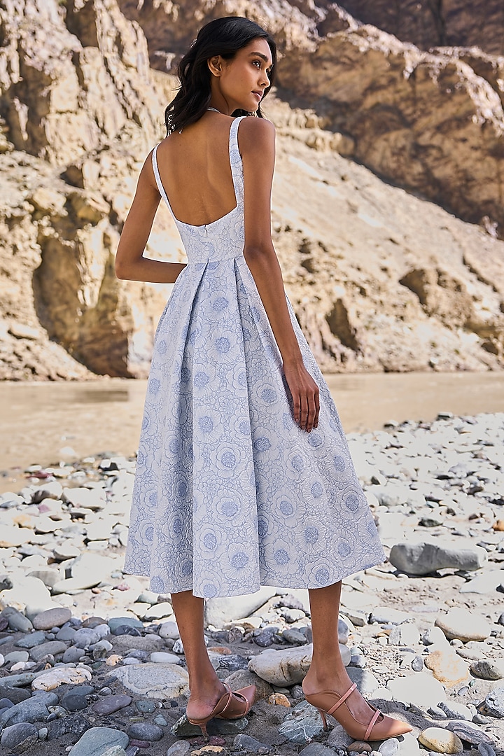 Blue Recycled Polyester Floral Pattern Midi Skater Summer Dress by