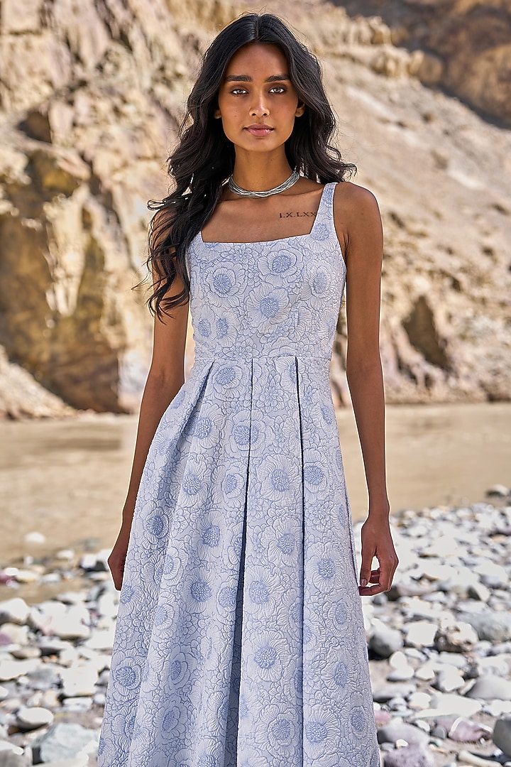 Blue Recycled Polyester Floral Pattern Midi Skater Summer Dress by Dash and Dot at Pernia's Pop Up Shop