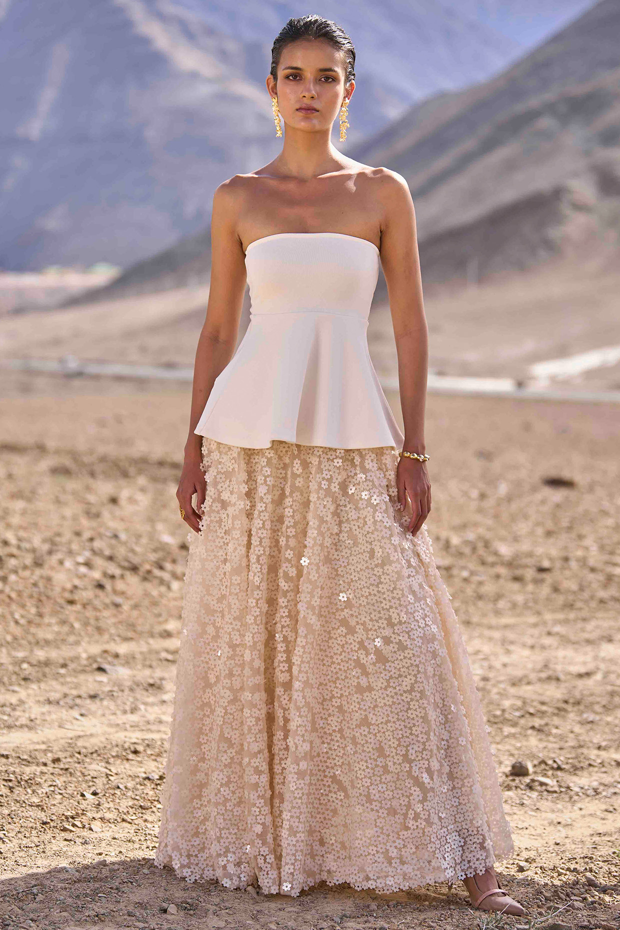 Ivory Sequins 3D Floral Embroidered Flared Maxi Skirt Set by Dash and Dot at Pernia's Pop Up Shop