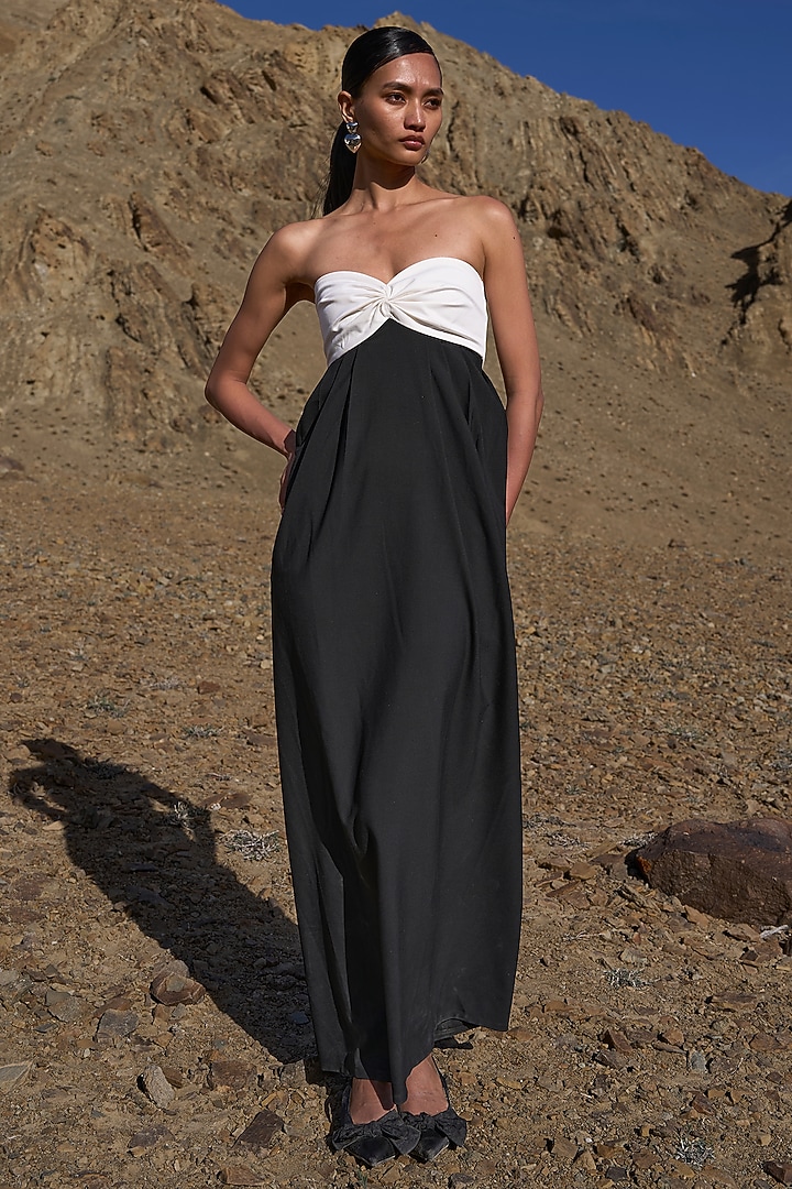 Ivory & Black Viscose Strapless Draped Midi Summer Dress by Dash and Dot at Pernia's Pop Up Shop