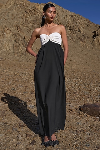 Ivory & Black Viscose Strapless Draped Midi Dress by Dash and Dot