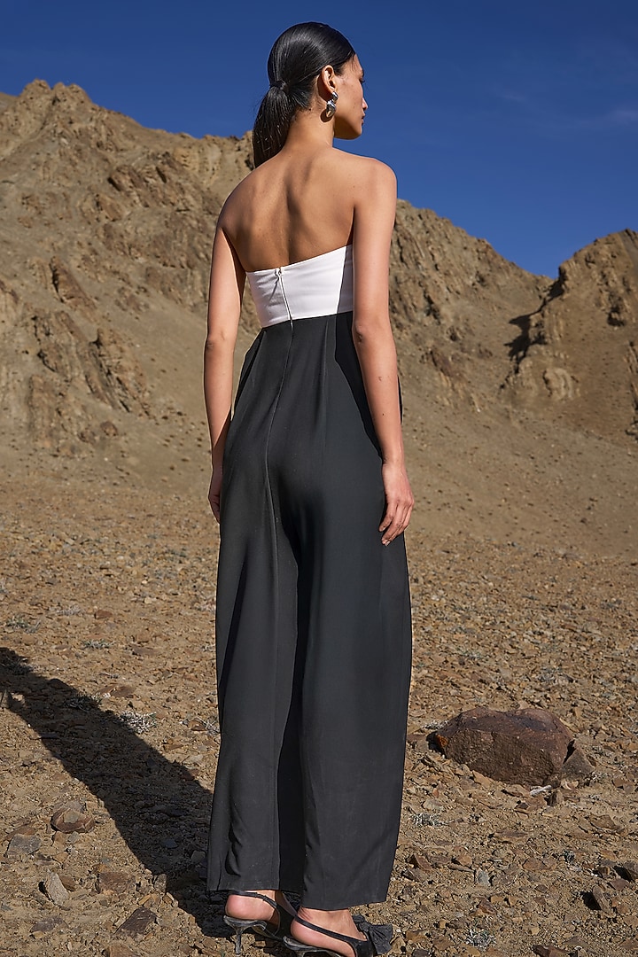 Ivory & Black Viscose Strapless Draped Midi Summer Dress by Dash and Dot at Pernia's Pop Up Shop