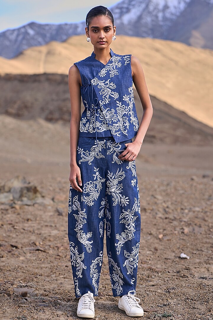 Blue Denim Floral Embroidered Straight-Fit Trousers by Dash and Dot at Pernia's Pop Up Shop