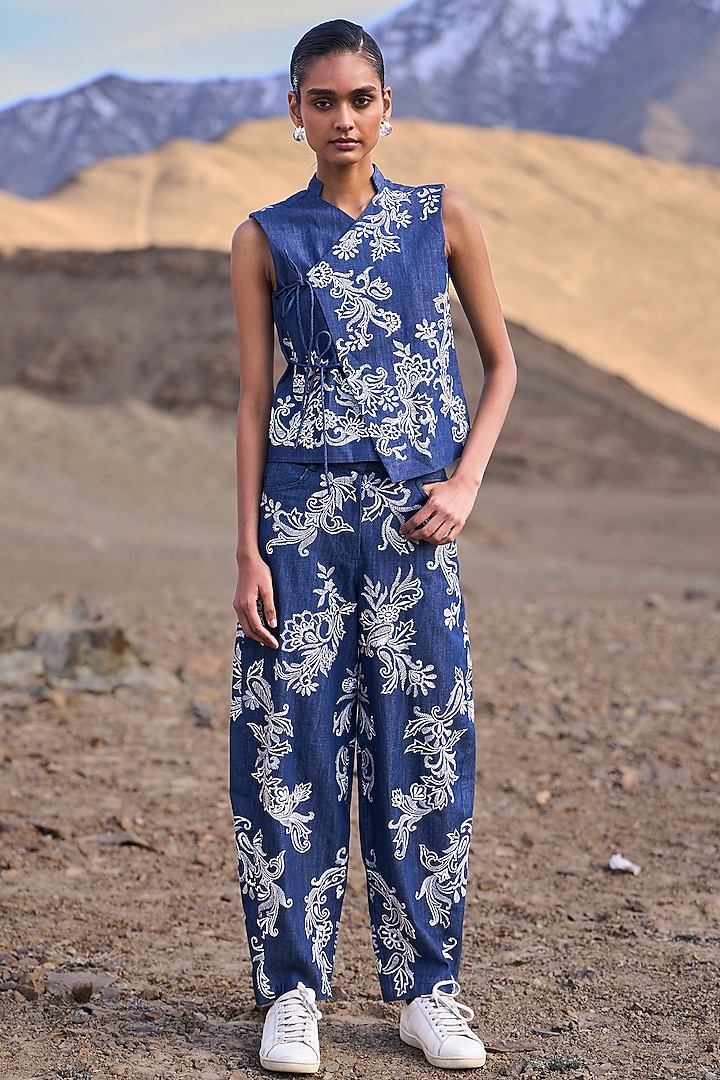 Blue Denim Floral Embroidered Co-Ord Set by Dash and Dot at Pernia's Pop Up Shop