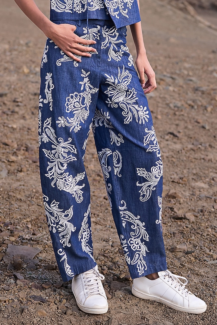 Blue Denim Floral Embroidered Co-Ord Set by Dash and Dot at Pernia's Pop Up Shop