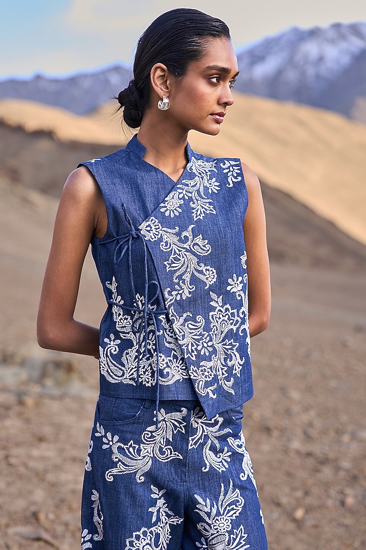 Blue Denim Floral Embroidered Co-Ord Set by Dash and Dot at Pernia's Pop Up Shop