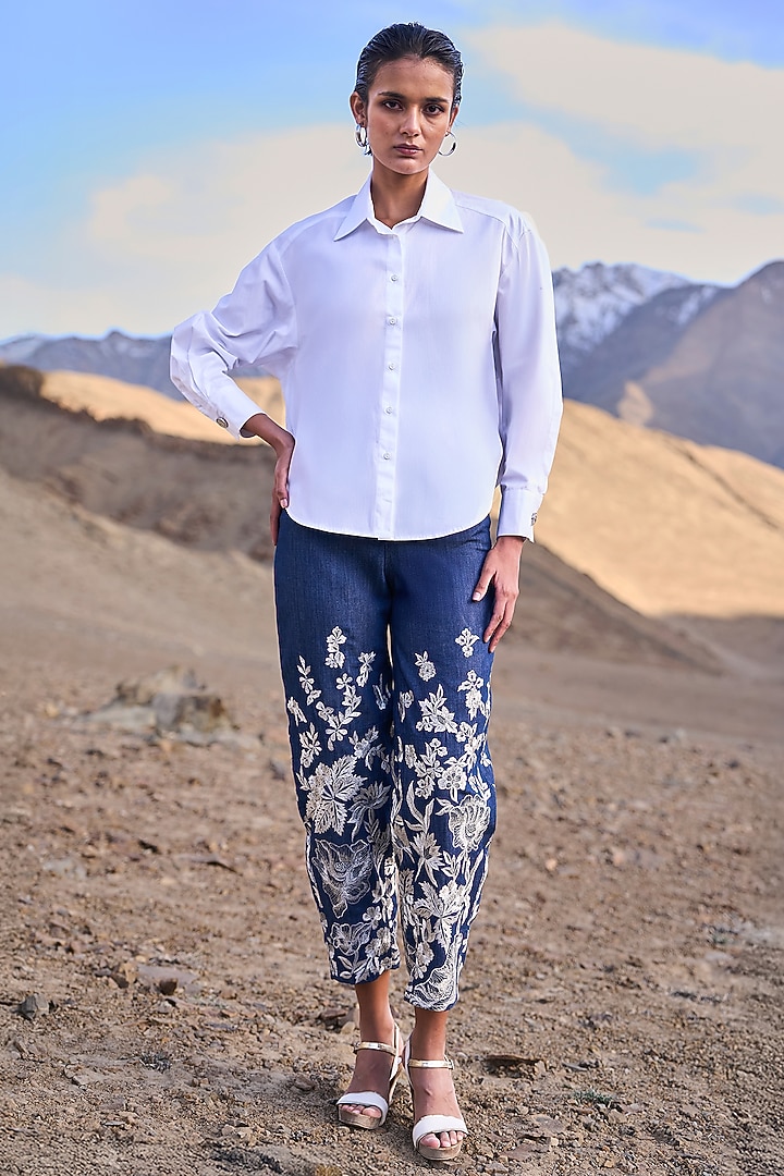 Blue Denim Floral Embroidered High-Waist Pants by Dash and Dot at Pernia's Pop Up Shop