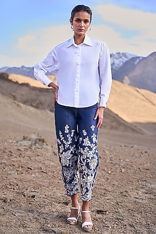 Blue Denim Floral Embroidered High-Waist Pants by Dash and Dot