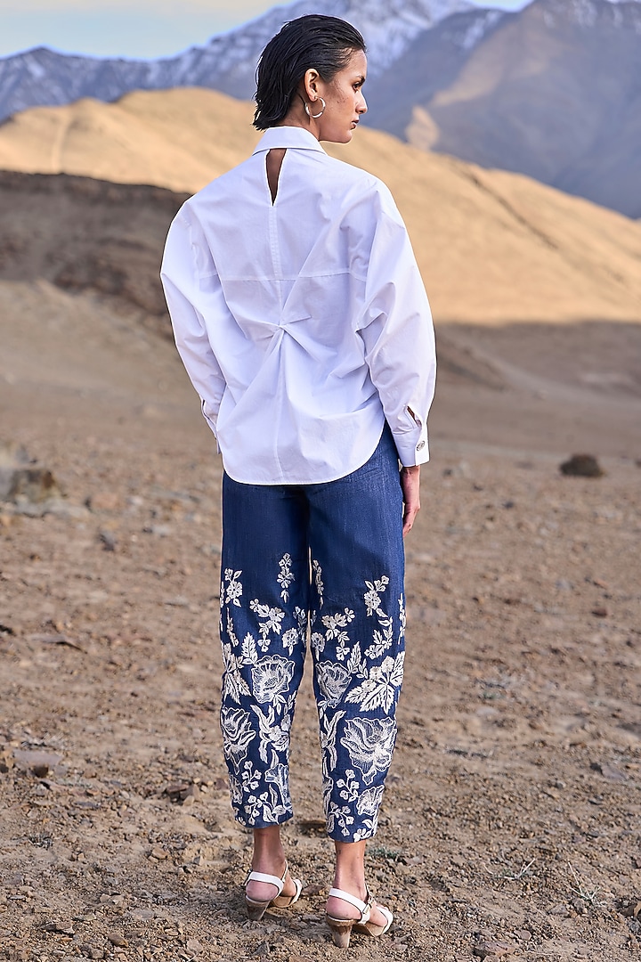Blue Denim Floral Embroidered High-Waist Pants by Dash and Dot at Pernia's Pop Up Shop