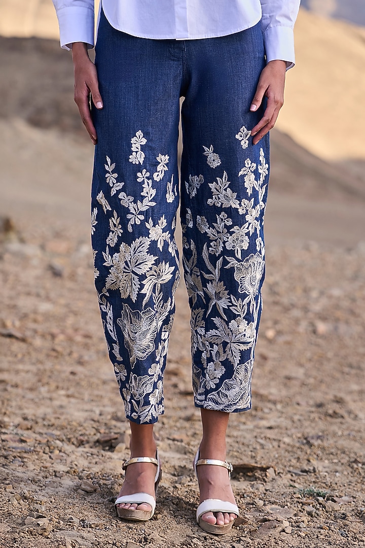 Blue Denim Floral Embroidered High-Waist Pants by Dash and Dot at Pernia's Pop Up Shop