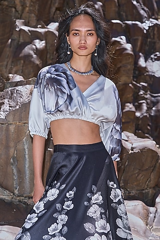 Multi-Colored Satin Floral Printed Overlap Crop Top by Dash and Dot