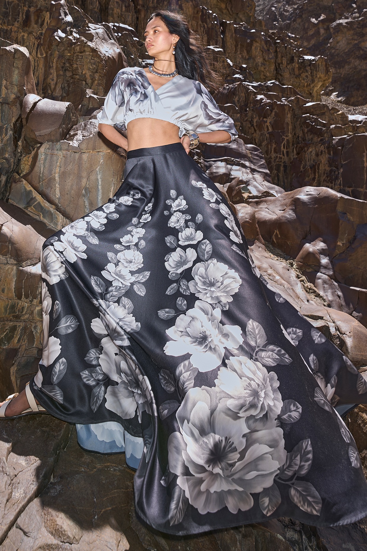 Satin Floral Skirt Long With Top Bold Floral Print Satin Maxi Slip