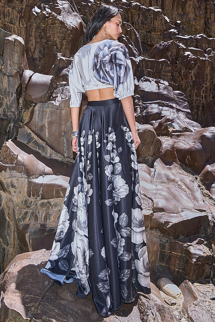 Black & Grey Satin Floral Printed Flowy Maxi Skirt by Dash and Dot at Pernia's Pop Up Shop