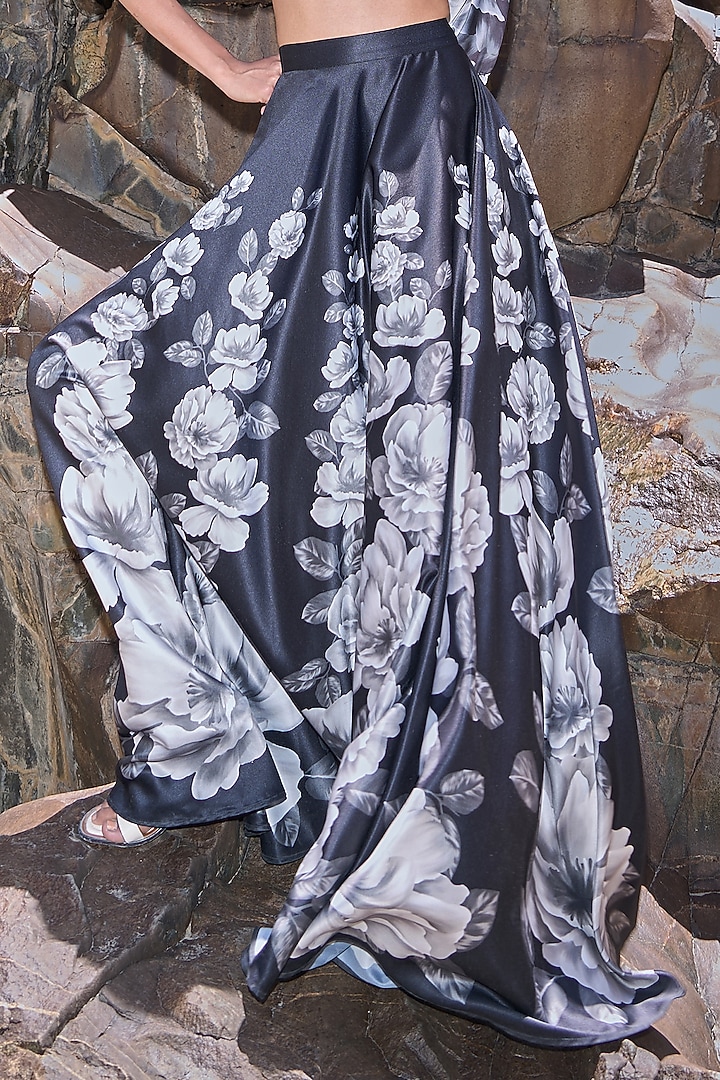 Black & Grey Satin Floral Printed Flowy Maxi Skirt by Dash and Dot at Pernia's Pop Up Shop