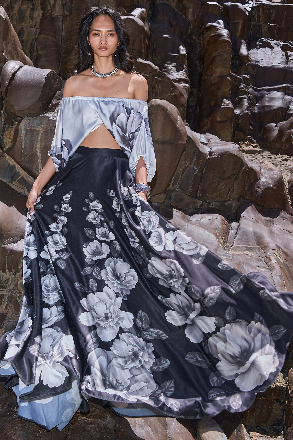 Black & Grey Satin Floral Printed Flowy Maxi Skirt Set by Dash and Dot at Pernia's Pop Up Shop