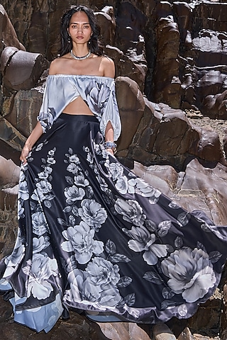 Black & Grey Satin Floral Printed Flowy Maxi Skirt Set by Dash and Dot