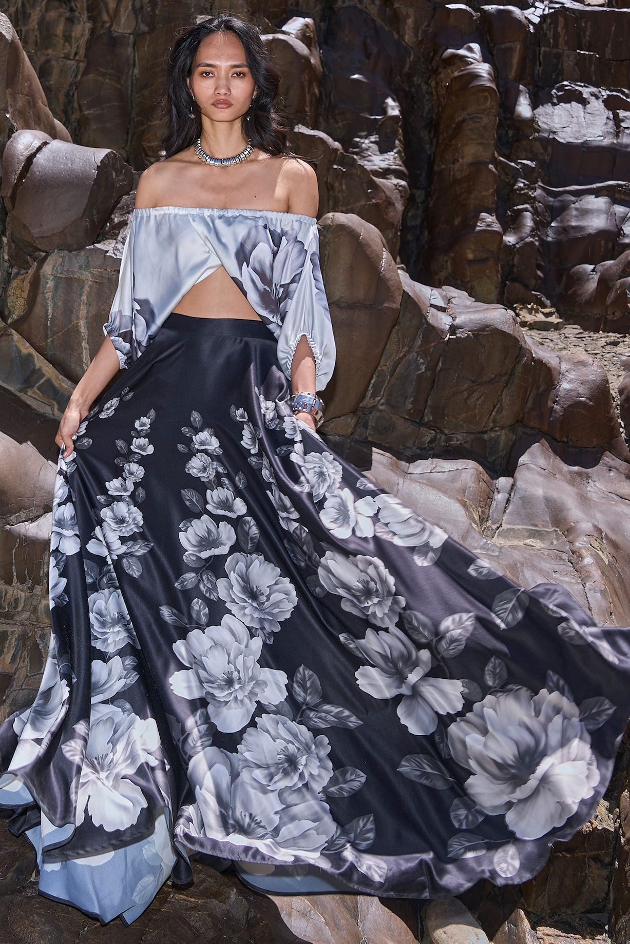 Black Grey Satin Floral Printed Flowy Maxi Skirt Set by Dash and Dot at  Pernia's Pop Up Shop