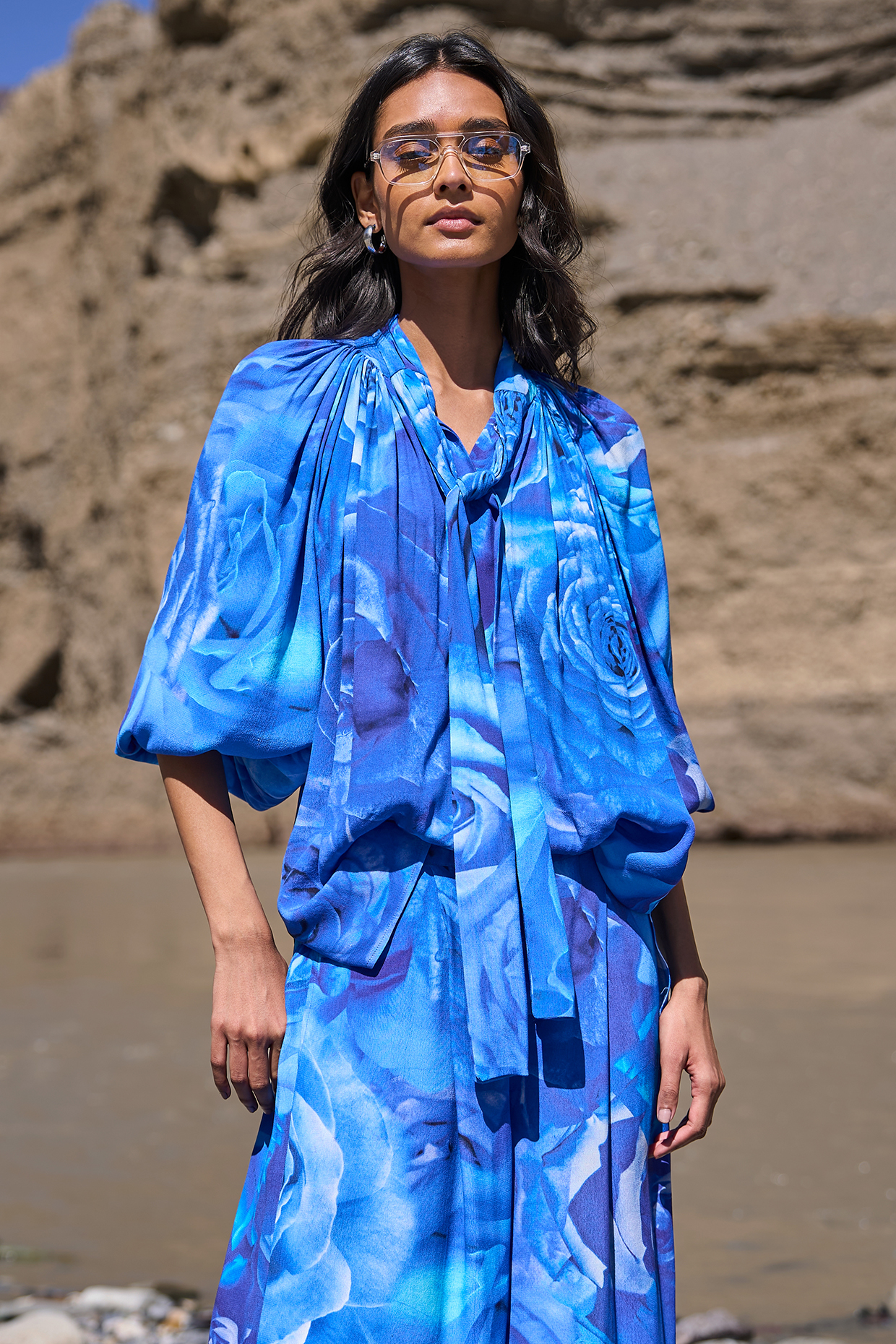 Deep Blue Viscose Abstract Floral Printed Bow Top by Dash and Dot at Pernia's Pop Up Shop