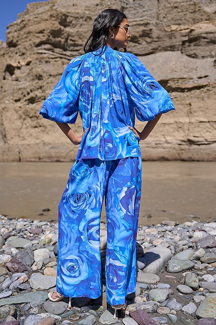 Deep Blue Viscose Abstract Floral Printed Bow Top by Dash and Dot at Pernia's Pop Up Shop