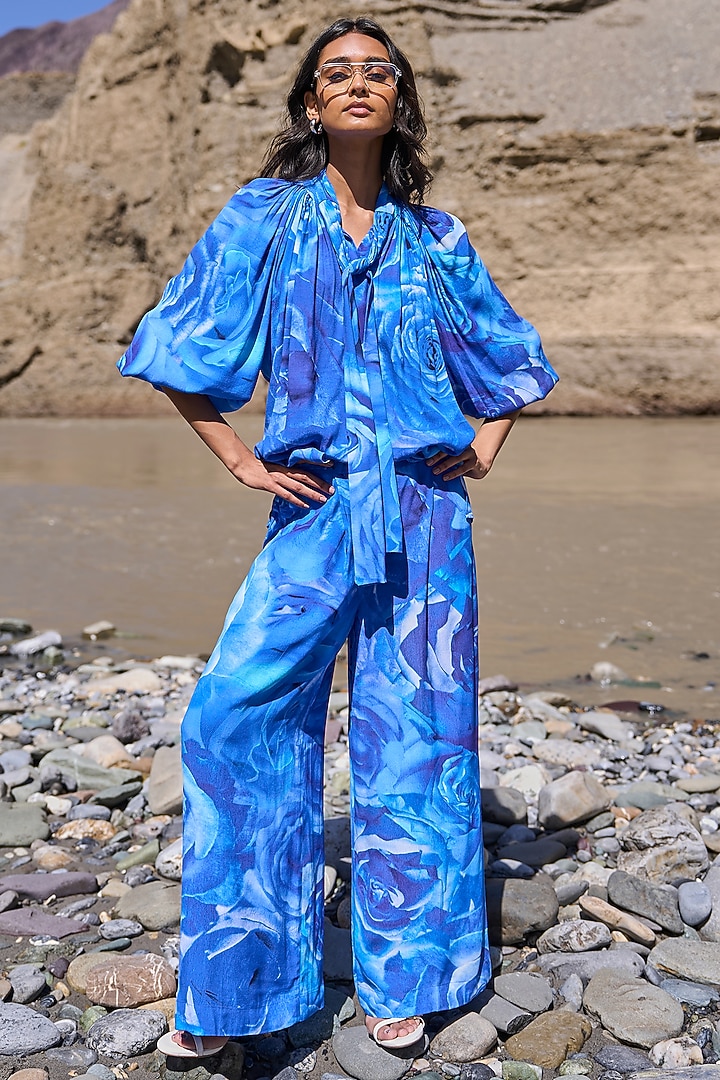 Deep Blue Viscose Abstract Floral Printed Bow Top by Dash and Dot at Pernia's Pop Up Shop
