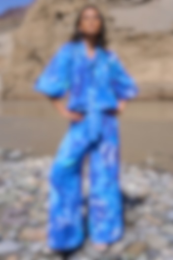 Blue Viscose Floral Printed Flared Pants by Dash and Dot at Pernia's Pop Up Shop