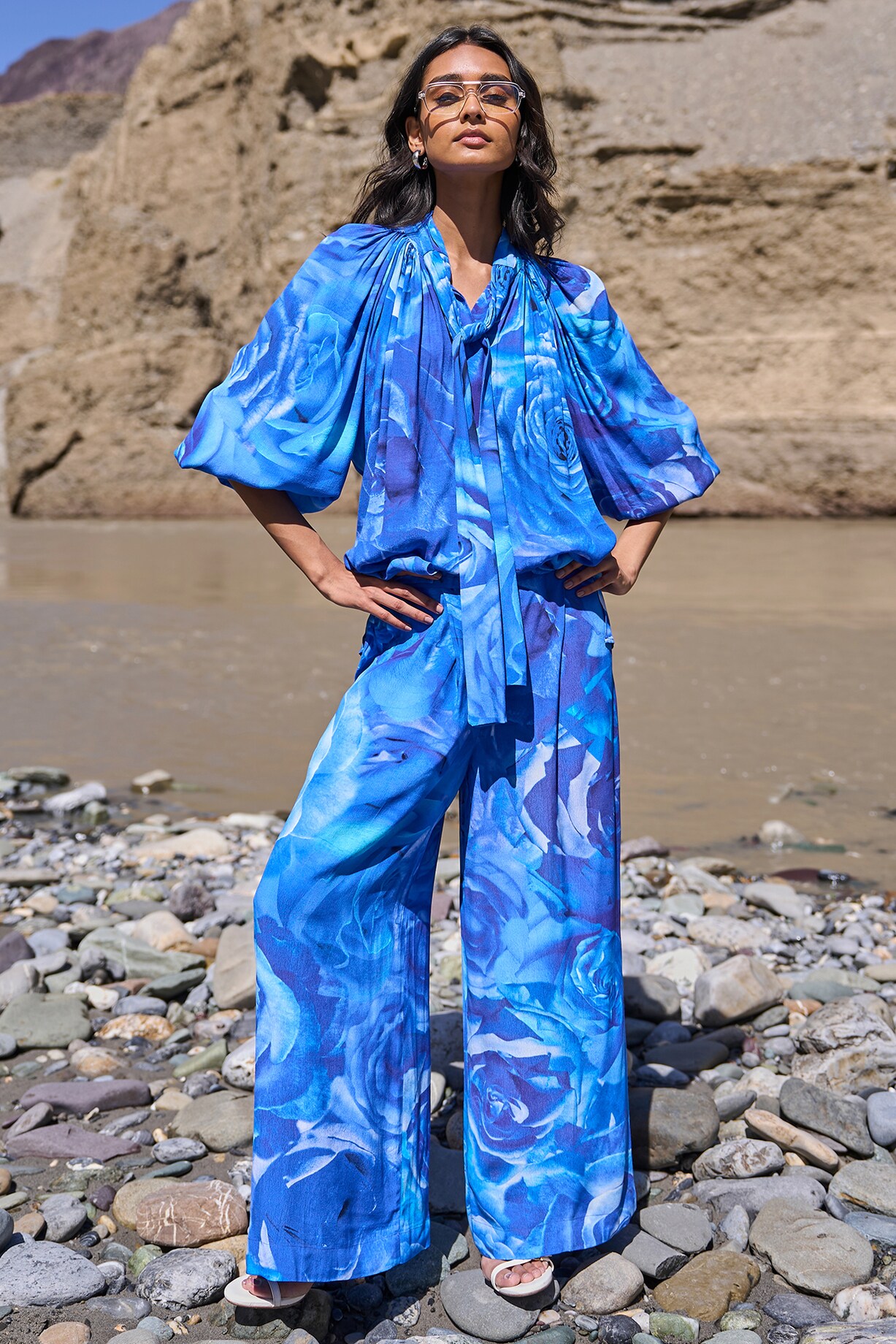 Blue Viscose Floral Printed Flared Pants by Dash and Dot at Pernia's Pop Up  Shop