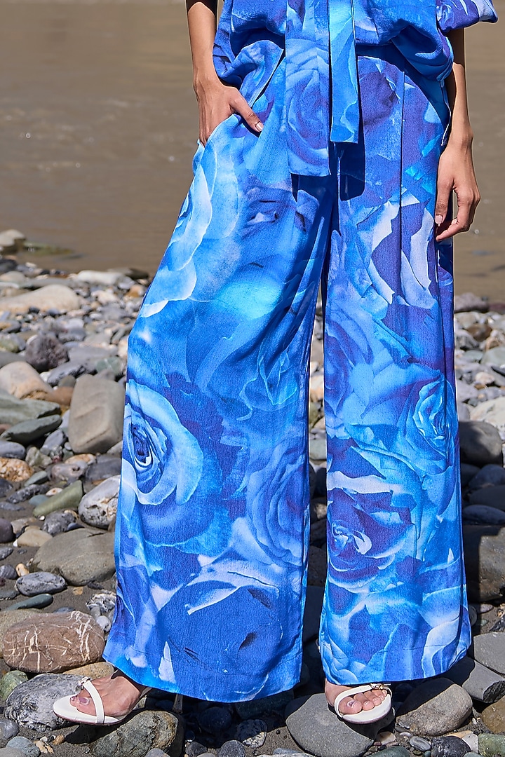 Blue Viscose Floral Printed Flared Pants by Dash and Dot at Pernia's Pop Up Shop
