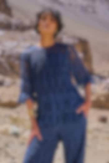 Navy Blue Nylon Ruched Lace Top by Dash and Dot at Pernia's Pop Up Shop