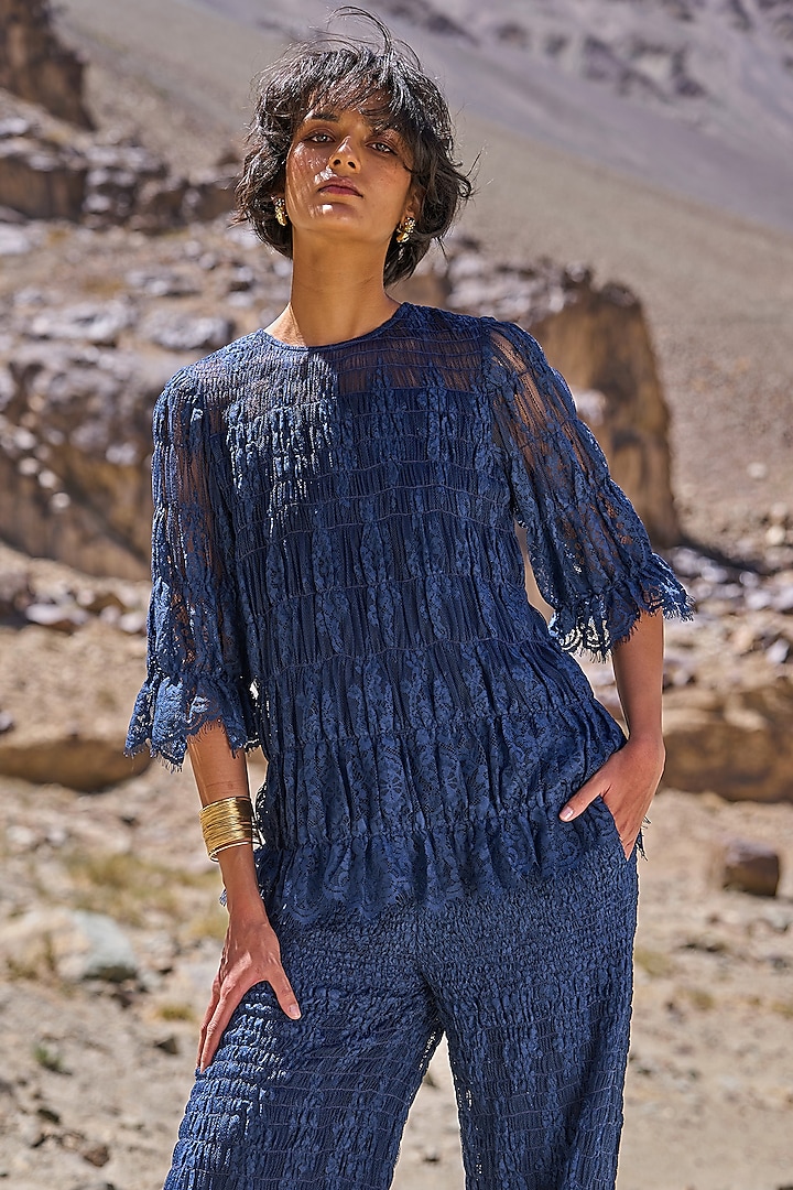 Navy Blue Nylon Ruched Lace Top by Dash and Dot at Pernia's Pop Up Shop