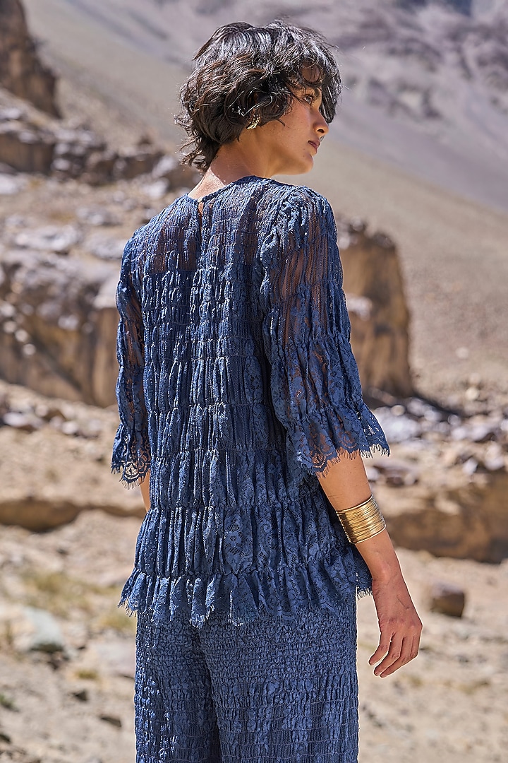 Navy Blue Nylon Ruched Lace Top by Dash and Dot at Pernia's Pop Up Shop