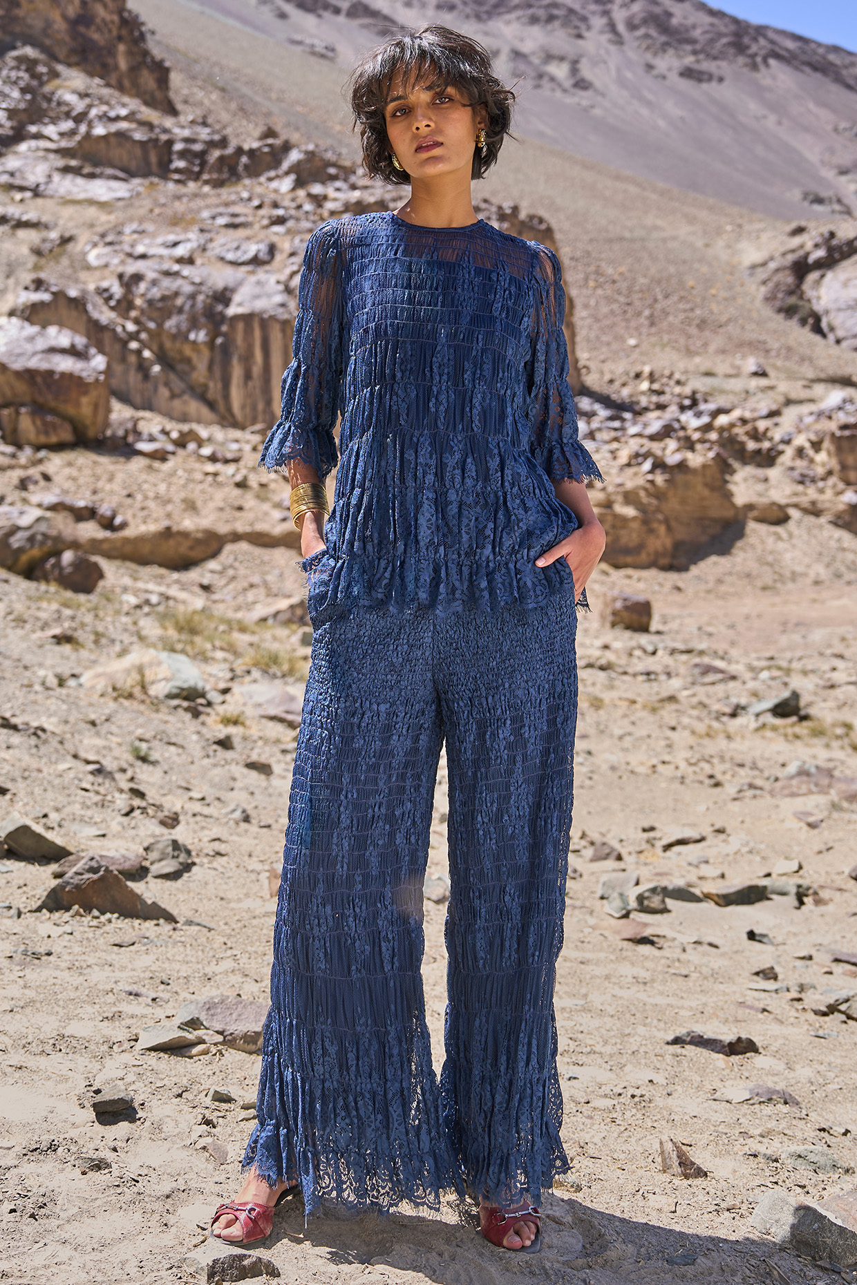 Blue Recycled Polyester Ruched Lace Pants by Dash and Dot at Pernia's Pop Up Shop