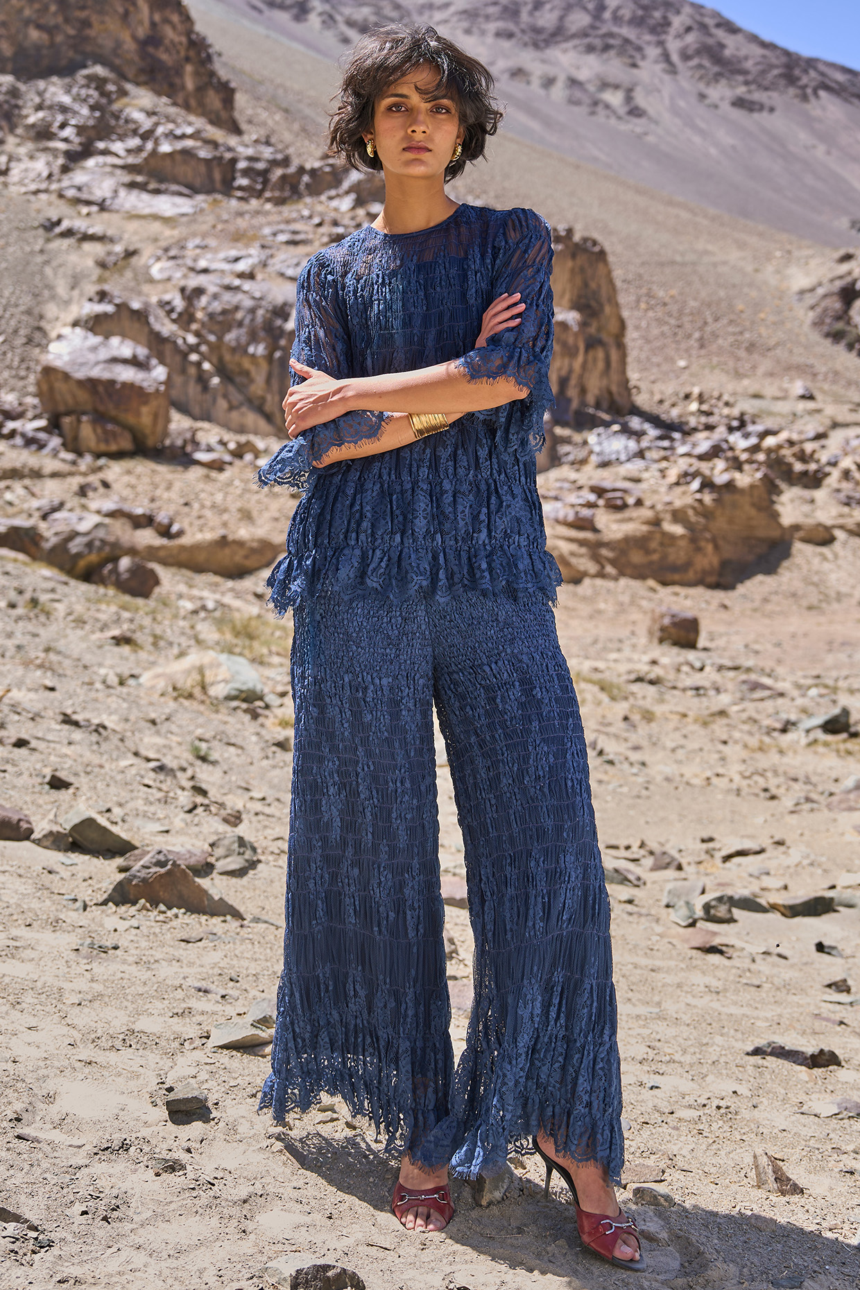 Blue Recycled Polyester & Nylon Ruched Lace Co-Ord Set by Dash and Dot at Pernia's Pop Up Shop