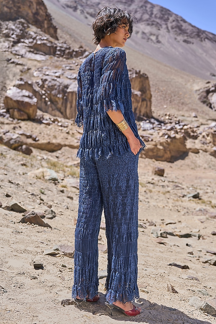 Blue Recycled Polyester & Nylon Ruched Lace Co-Ord Set by Dash and Dot at Pernia's Pop Up Shop