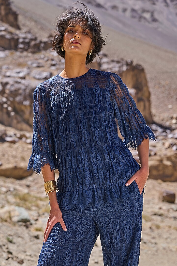 Blue Recycled Polyester & Nylon Ruched Lace Co-Ord Set by Dash and Dot at Pernia's Pop Up Shop