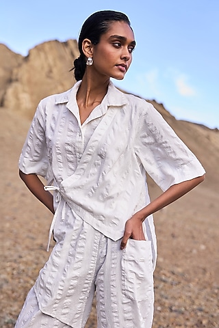 White Organic Cotton Asymmetrical Wrap Shirt by Dash and Dot