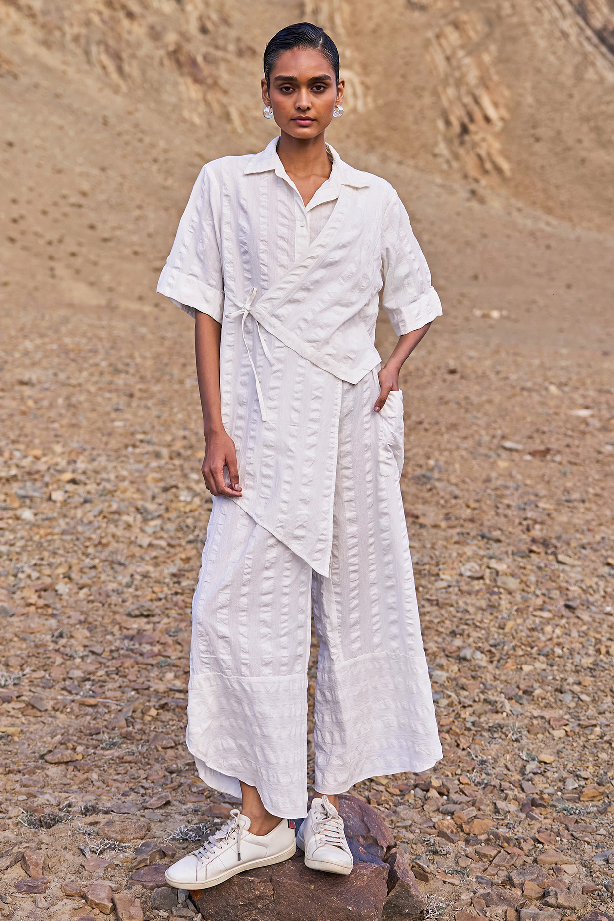 White Organic Cotton Asymmetrical Co-Ord Set by Dash and Dot at Pernia's Pop Up Shop