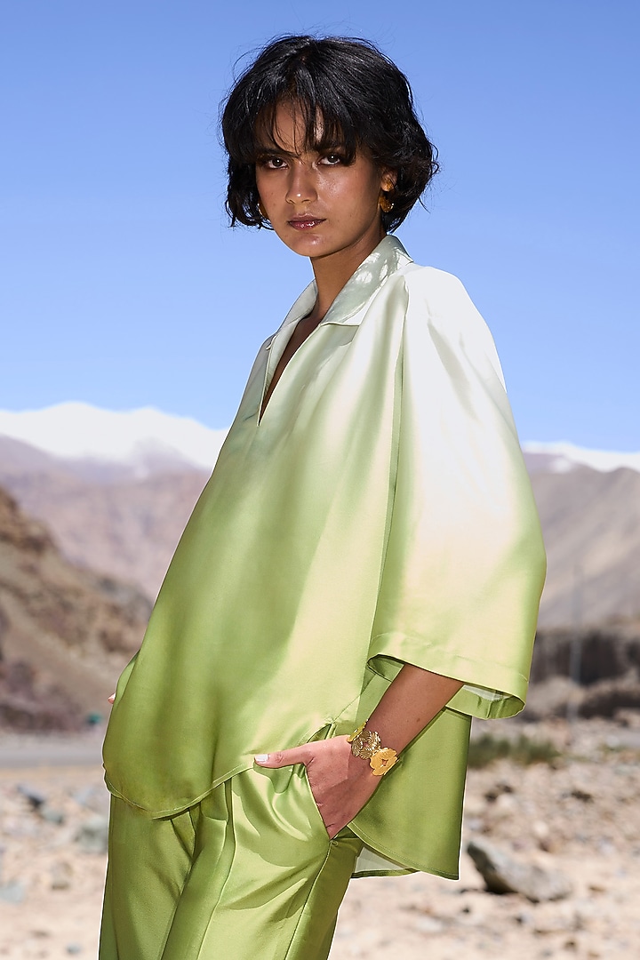 Green Ombre Satin High-Low Shirt by Dash and Dot at Pernia's Pop Up Shop