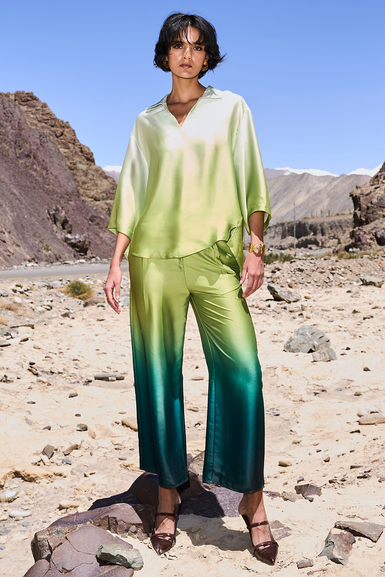 Green Ombre Satin Co-Ord Set by Dash and Dot at Pernia's Pop Up Shop
