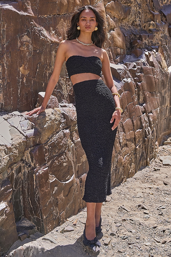 Black Recycled Polyester & Spandex Ruched Bodycon Skirt by Dash and Dot at Pernia's Pop Up Shop