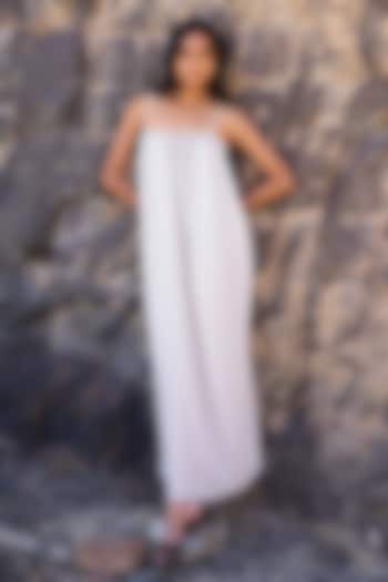 White Recycled Polyester Pearl Embellished Ruched Maxi Summer Dress by Dash and Dot at Pernia's Pop Up Shop