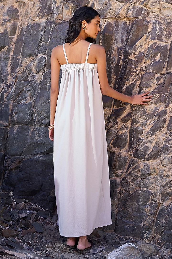 White Recycled Polyester Pearl Embellished Ruched Maxi Summer Dress by Dash and Dot at Pernia's Pop Up Shop